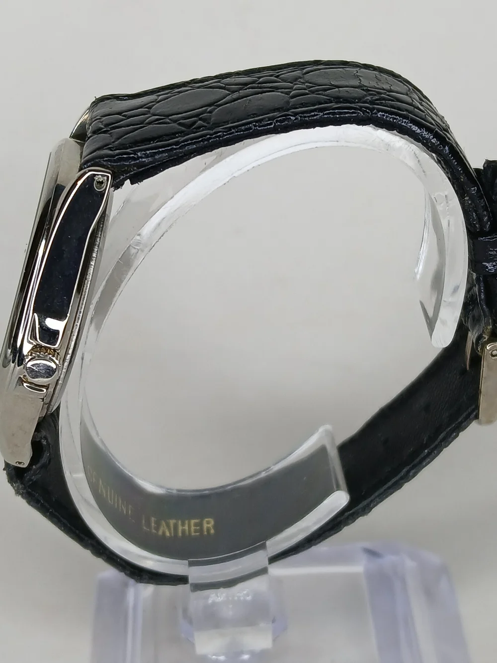 Q&Q Citizen Quartz Watch White Dial Date Silver Case Black Leather Strap Working